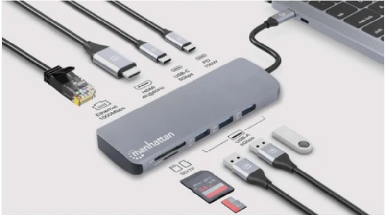 ADAPTADOR MULTI PUERTO USB C, 1 HDMI, 1 VGA, 1 PUERTO ETHERNET, 3 PUERTOS USB 3.0, LECTOR DE TARJETAS TF SD Y 1 PUERTO DE CARGA TIPO C PD 3.0.