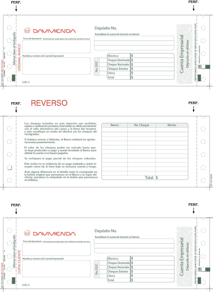 BD04 BOLETA DEPOSITO CUENTA EMPRESARIAL DOLARES BLOCK 100   